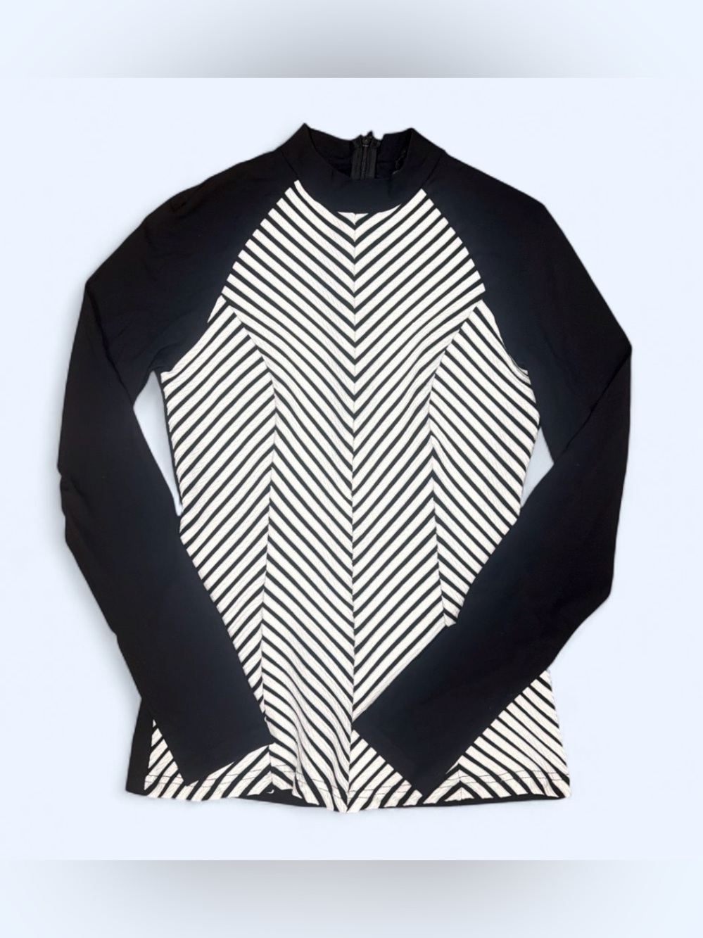Gracia Black and White Striped Chevron Top w/ Sheer Long Sleeves